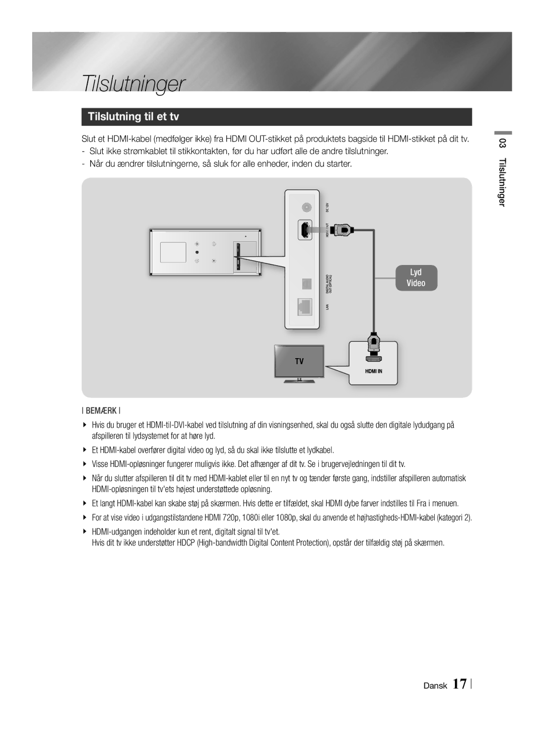 Samsung BD-ES7000/XE manual Tilslutning til et tv, Tilslutninger Dansk 