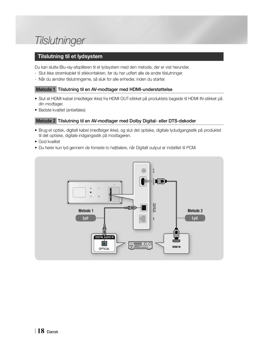 Samsung BD-ES7000/XE manual Tilslutning til et lydsystem, Metode 