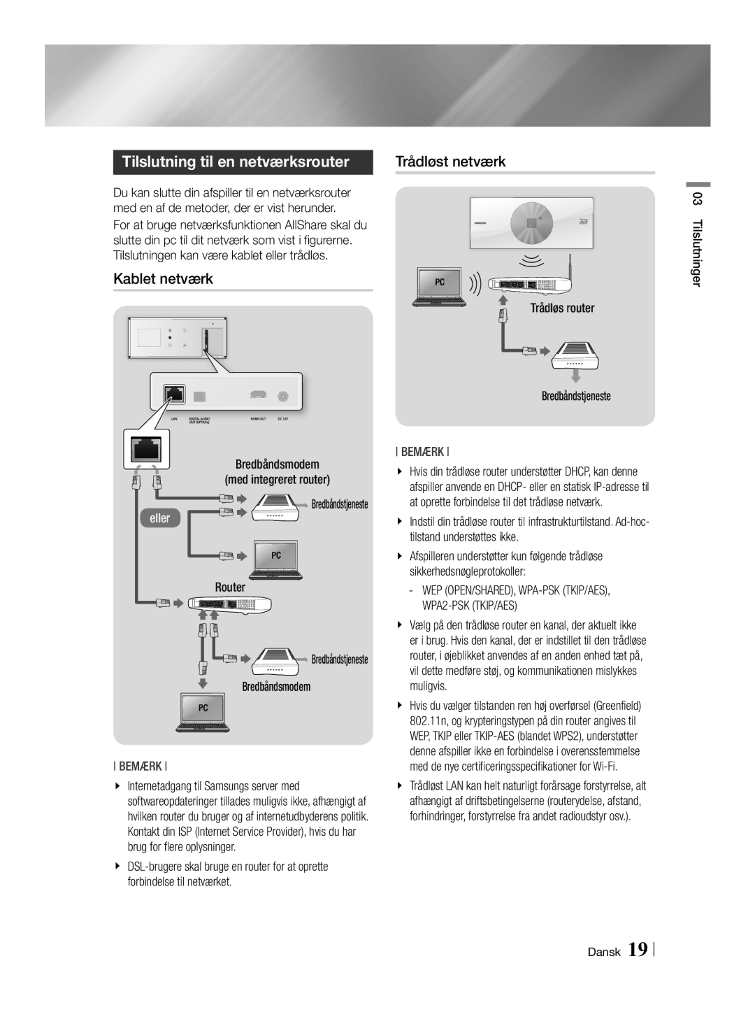 Samsung BD-ES7000/XE manual Tilslutning til en netværksrouter, Kablet netværk, Trådløst netværk 