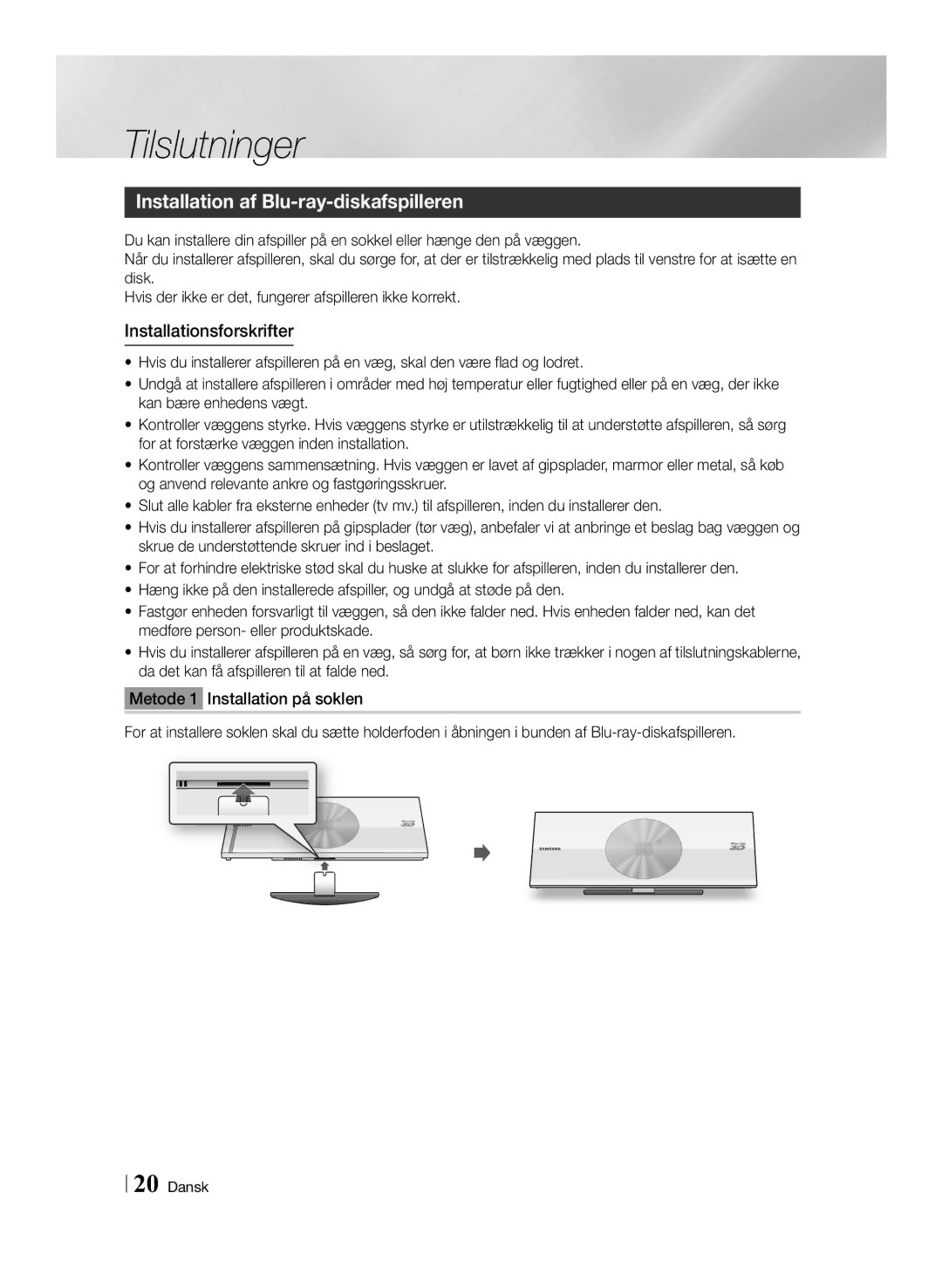 Samsung BD-ES7000/XE manual Installation af Blu-ray-diskafspilleren, Installationsforskrifter 