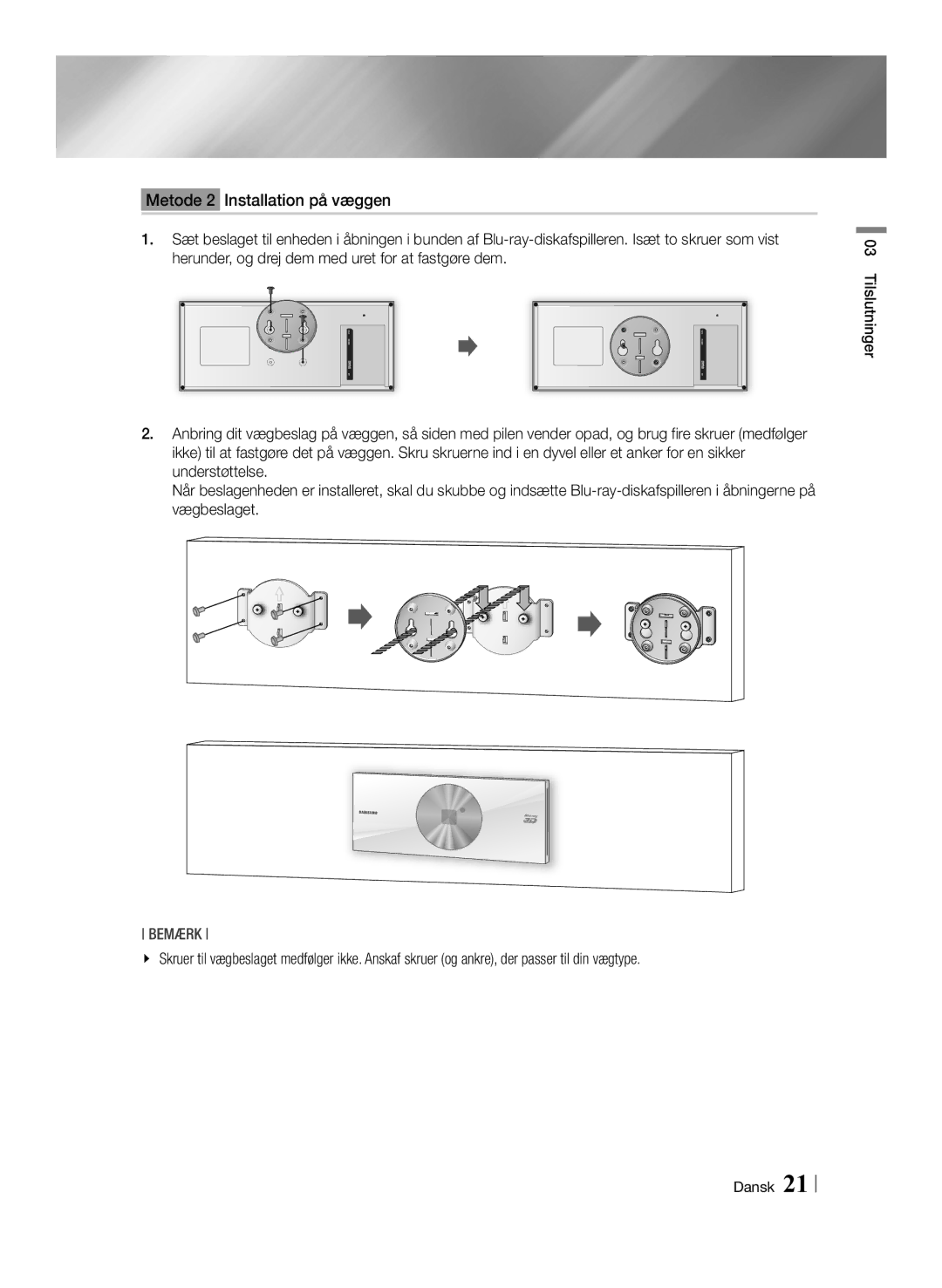 Samsung BD-ES7000/XE manual Bemærk 