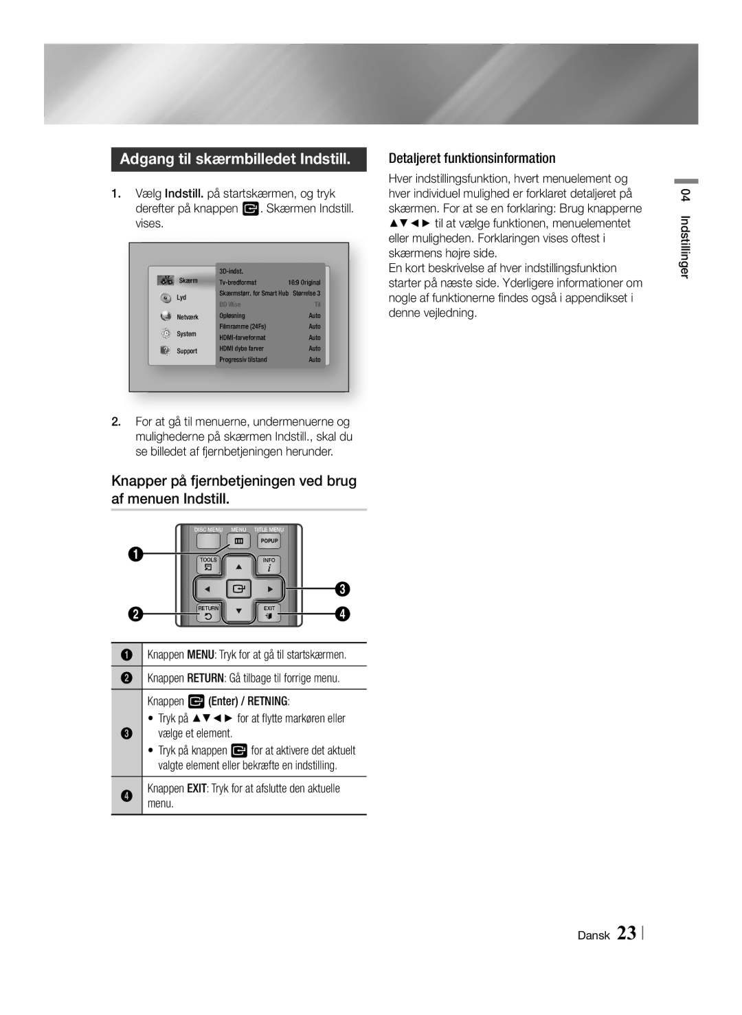 Samsung BD-ES7000/XE Adgang til skærmbilledet Indstill, Knapper på fjernbetjeningen ved brug af menuen Indstill, Menu 