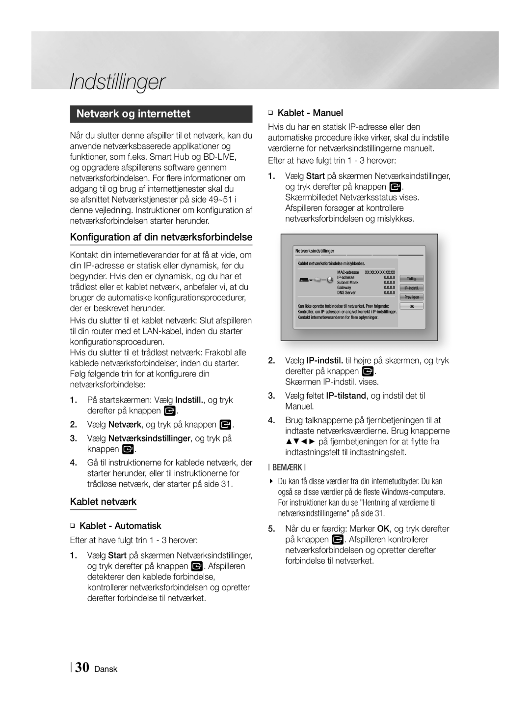 Samsung BD-ES7000/XE manual Netværk og internettet, Konfiguration af din netværksforbindelse, Kablet netværk 