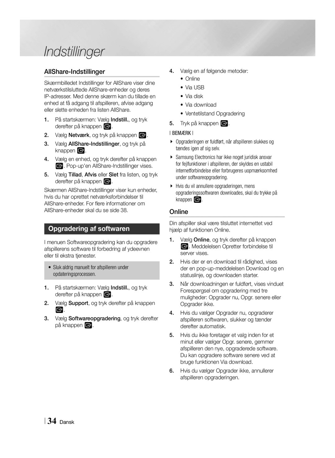 Samsung BD-ES7000/XE manual AllShare-Indstillinger, Opgradering af softwaren 