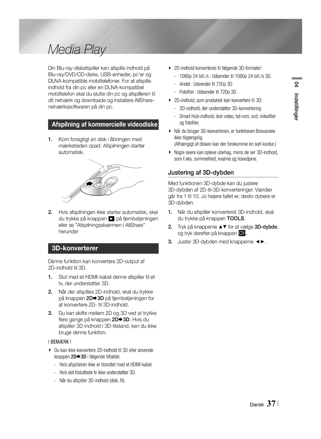 Samsung BD-ES7000/XE manual Media Play, 3D-konverterer, Justering af 3D-dybden, Som f.eks. svimmelhed, kvalme og hovedpine 