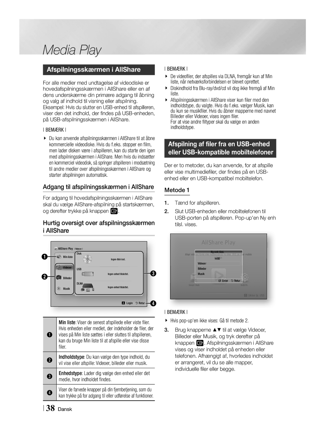 Samsung BD-ES7000/XE manual Afspilningsskærmen i AllShare, Adgang til afspilningsskærmen i AllShare 