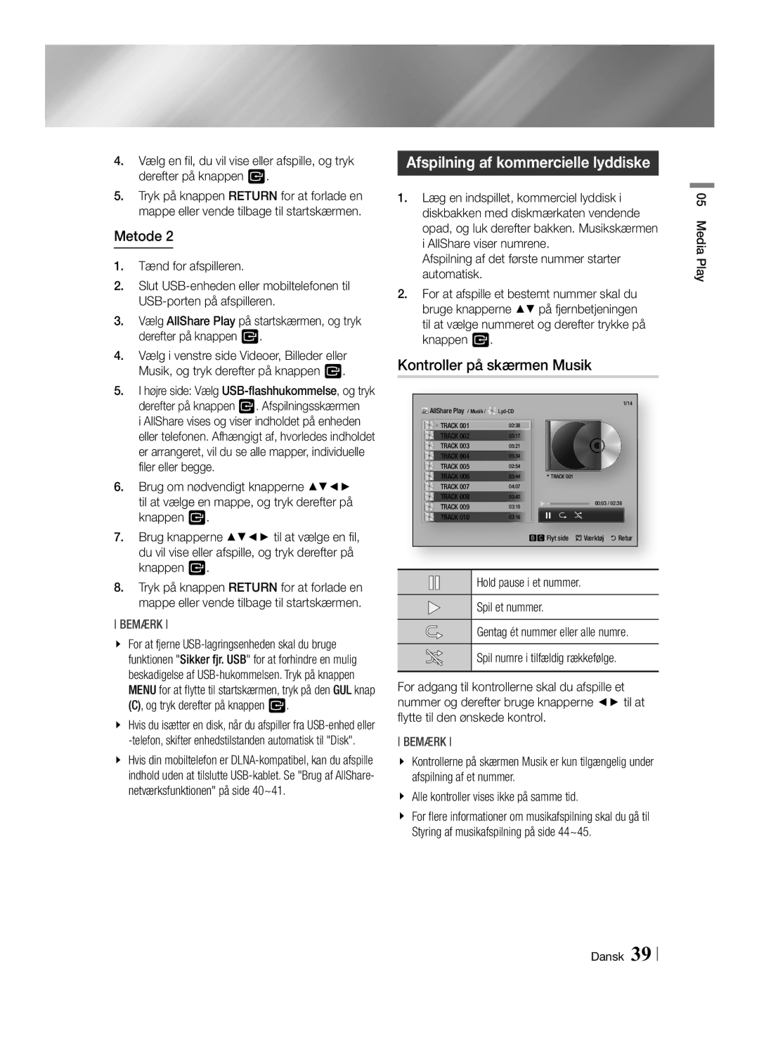 Samsung BD-ES7000/XE manual Afspilning af kommercielle lyddiske, Kontroller på skærmen Musik, Tænd for afspilleren 