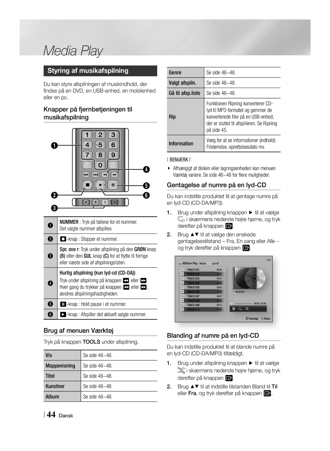 Samsung BD-ES7000/XE manual Styring af musikafspilning, Knapper på fjernbetjeningen til musikafspilning 