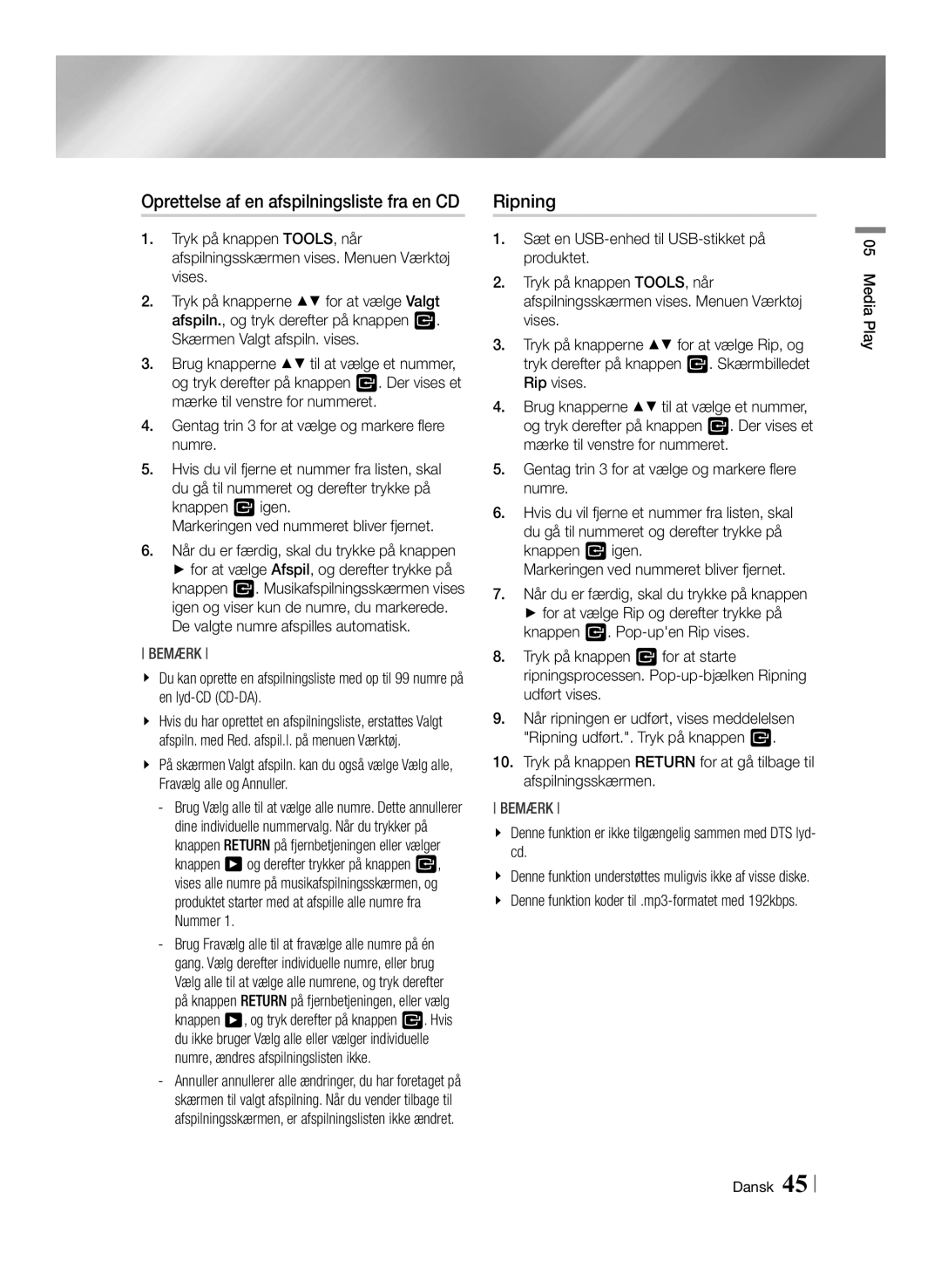 Samsung BD-ES7000/XE manual Ripning, Oprettelse af en afspilningsliste fra en CD 