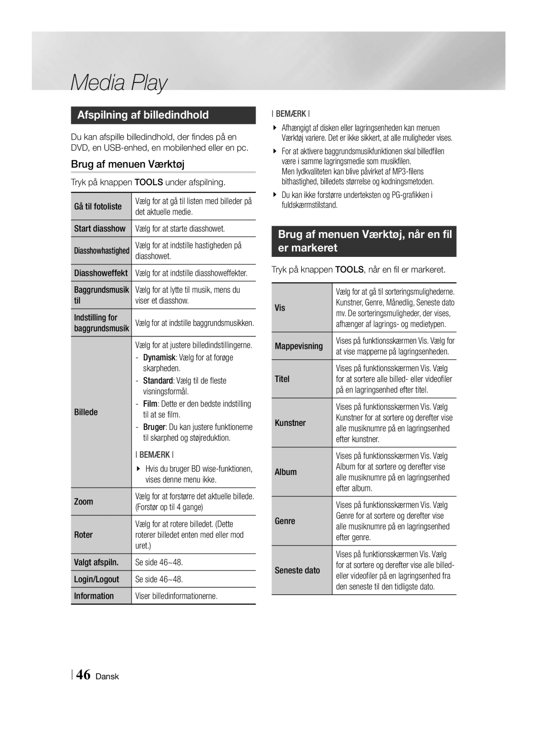 Samsung BD-ES7000/XE manual Afspilning af billedindhold, Brug af menuen Værktøj, når en fil er markeret 