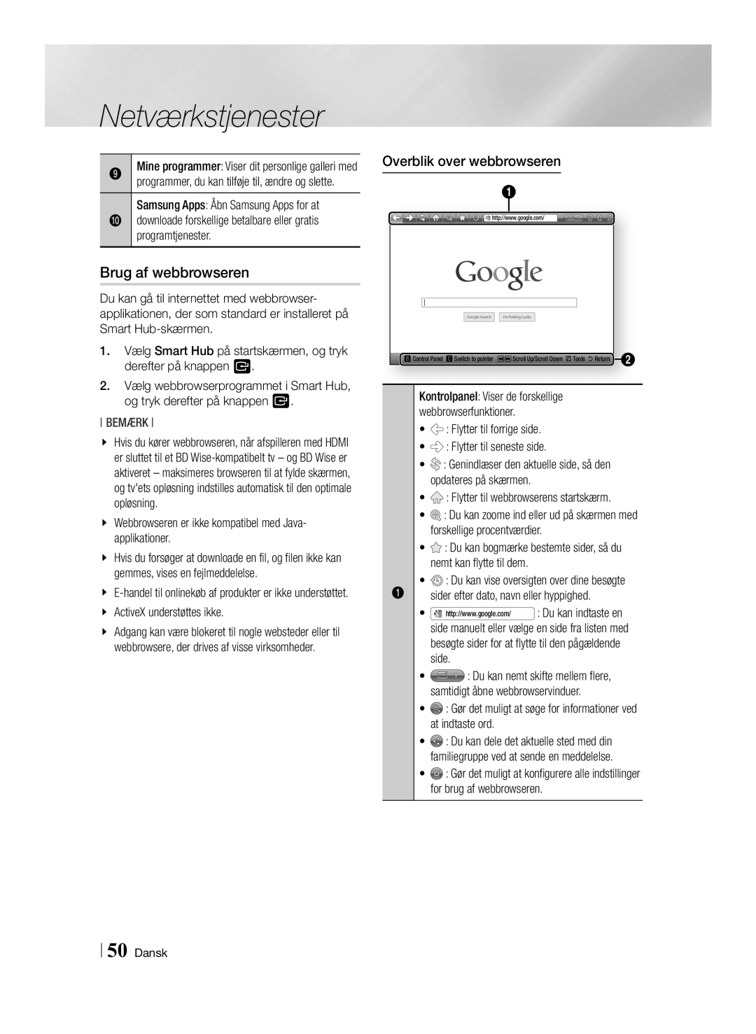 Samsung BD-ES7000/XE manual Brug af webbrowseren, Overblik over webbrowseren 