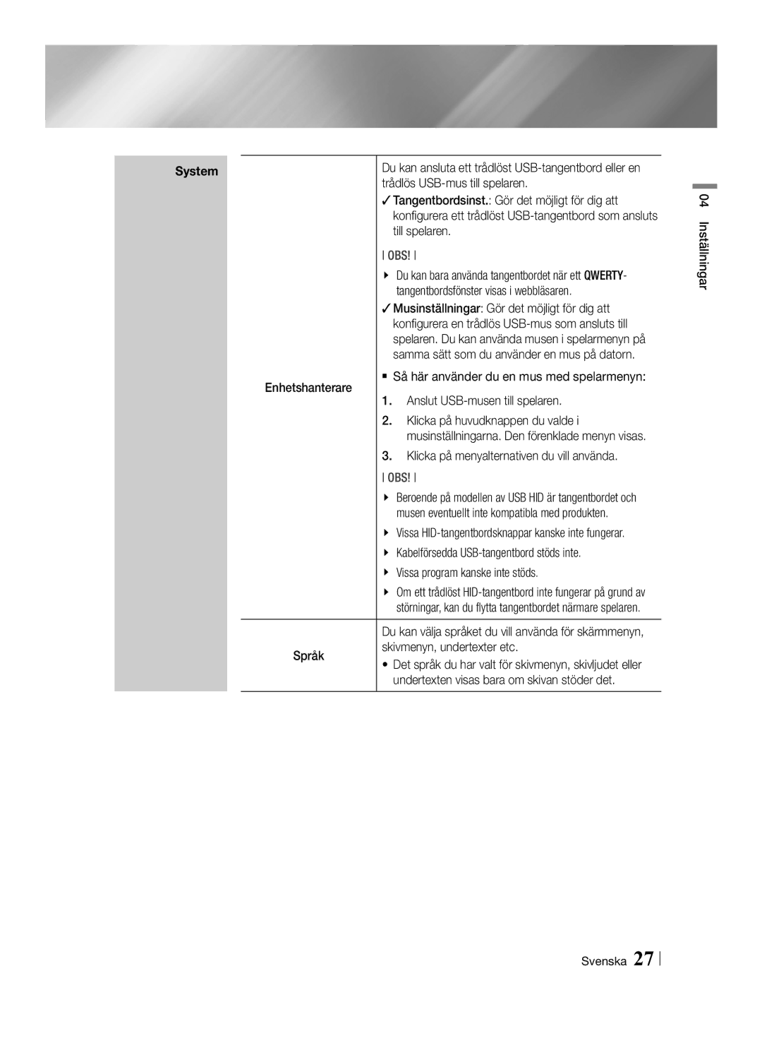 Samsung BD-ES7000/XE manual Trådlös USB-mus till spelaren,  Tangentbordsinst. Gör det möjligt för dig att, Till spelaren 