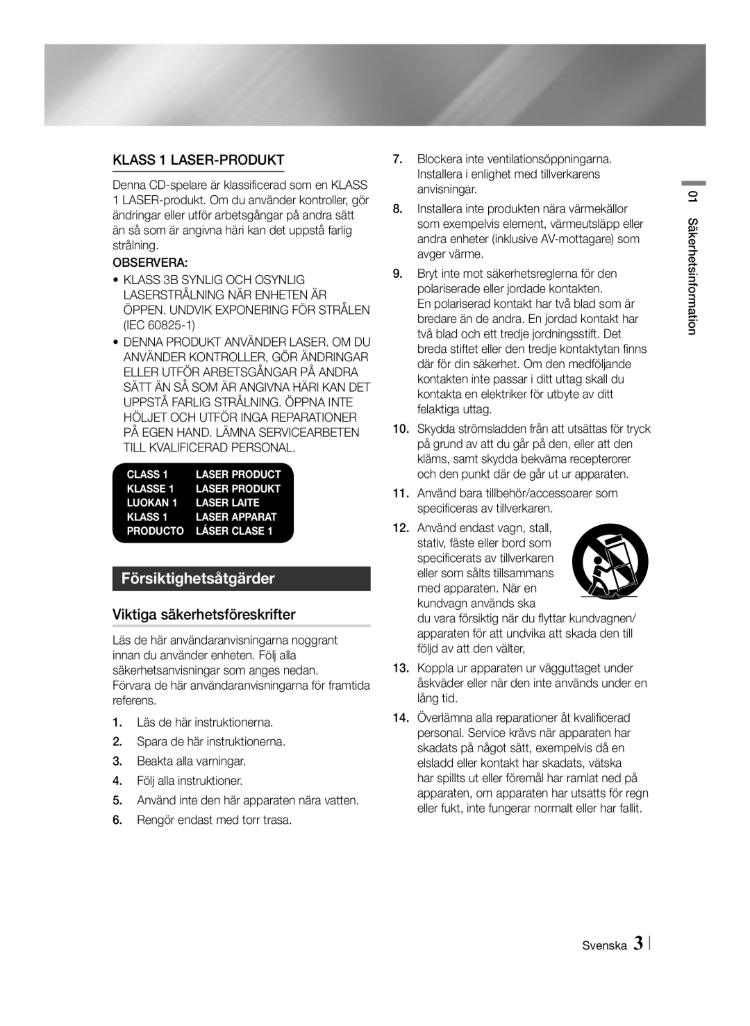 Samsung BD-ES7000/XE manual Försiktighetsåtgärder, Viktiga säkerhetsföreskrifter, 01 Säkerhetsinformation Svenska 