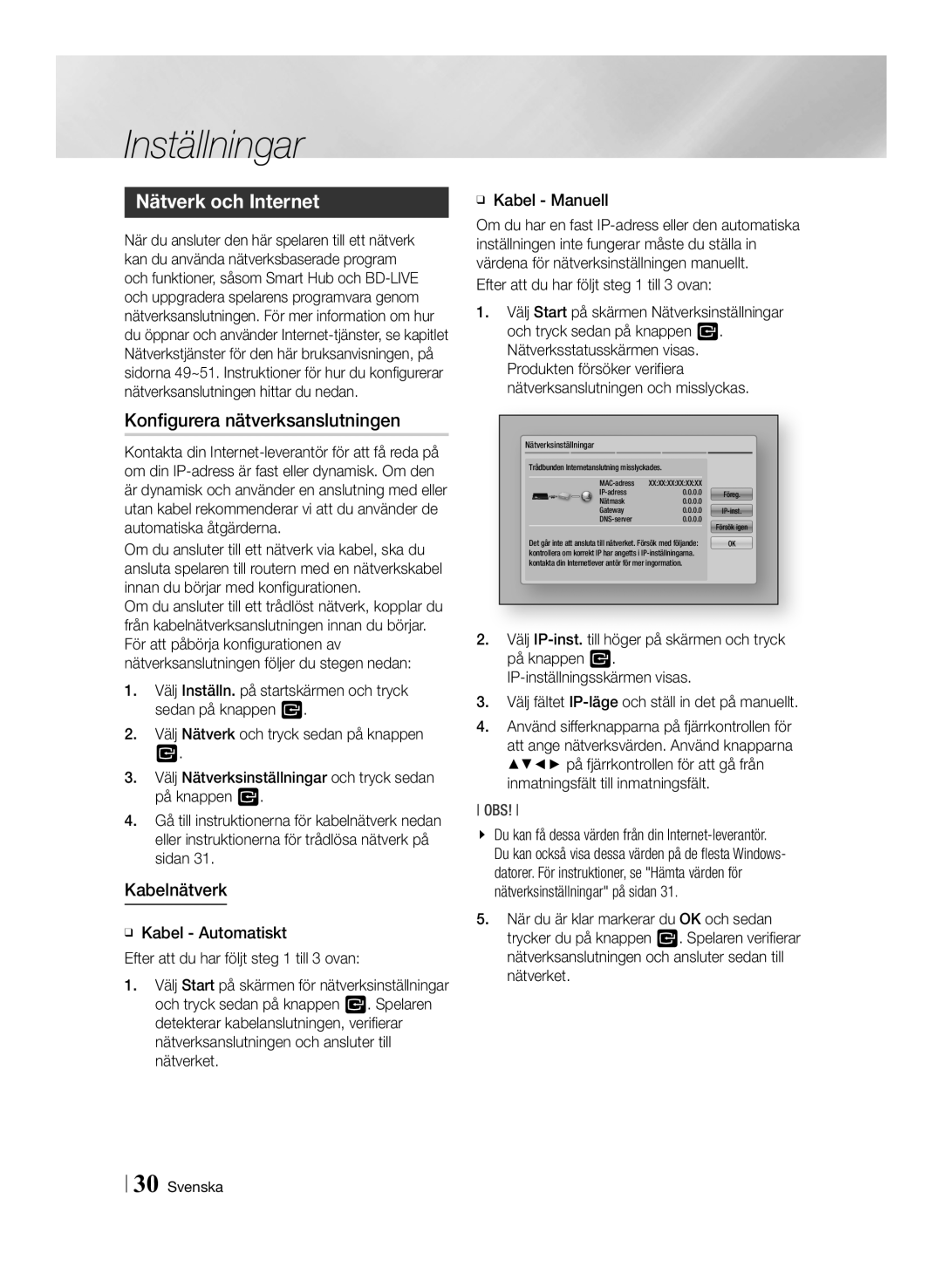 Samsung BD-ES7000/XE manual Nätverk och Internet, Konfigurera nätverksanslutningen, Kabelnätverk, ĞĞ Kabel Manuell 