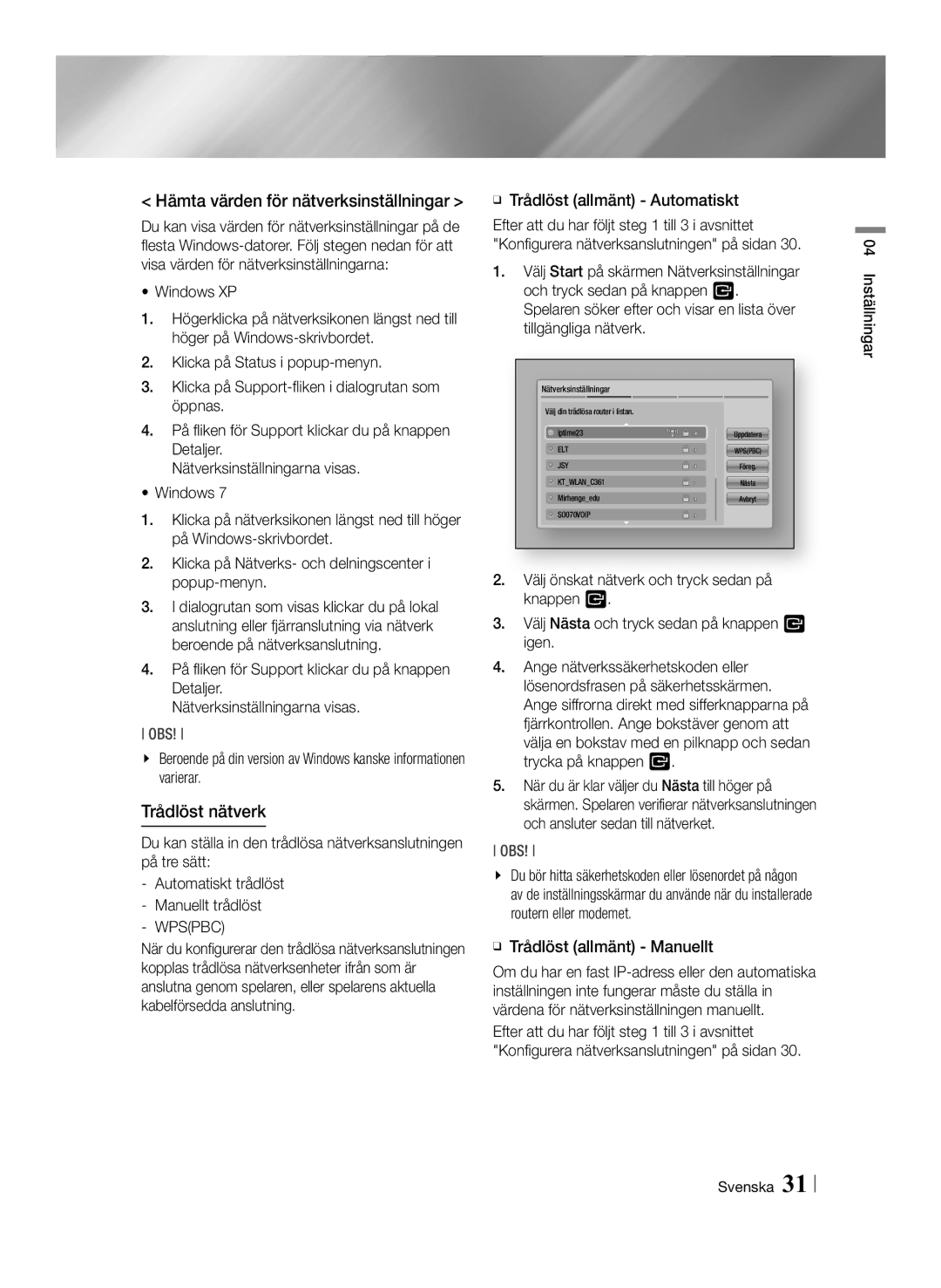 Samsung BD-ES7000/XE manual Hämta värden för nätverksinställningar, Trådlöst nätverk, ĞĞ Trådlöst allmänt Automatiskt 