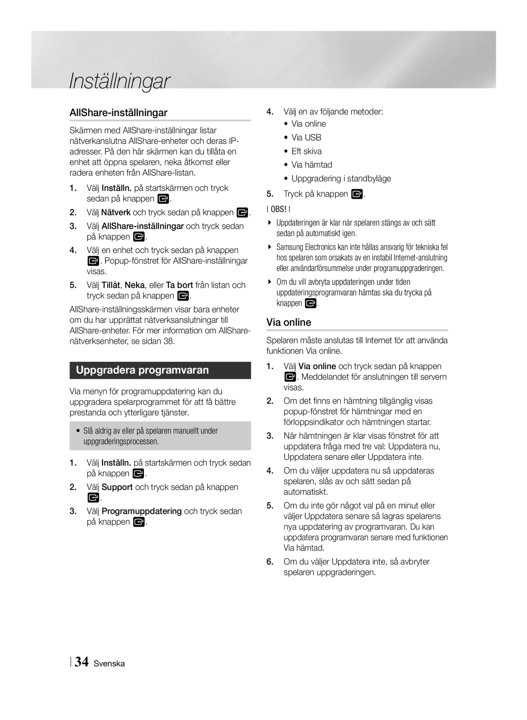 Samsung BD-ES7000/XE manual AllShare-inställningar, Uppgradera programvaran, Via online 