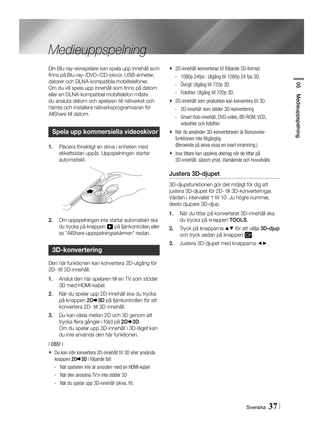 Samsung BD-ES7000/XE manual Medieuppspelning, Spela upp kommersiella videoskivor, 3D-konvertering, Justera 3D-djupet 