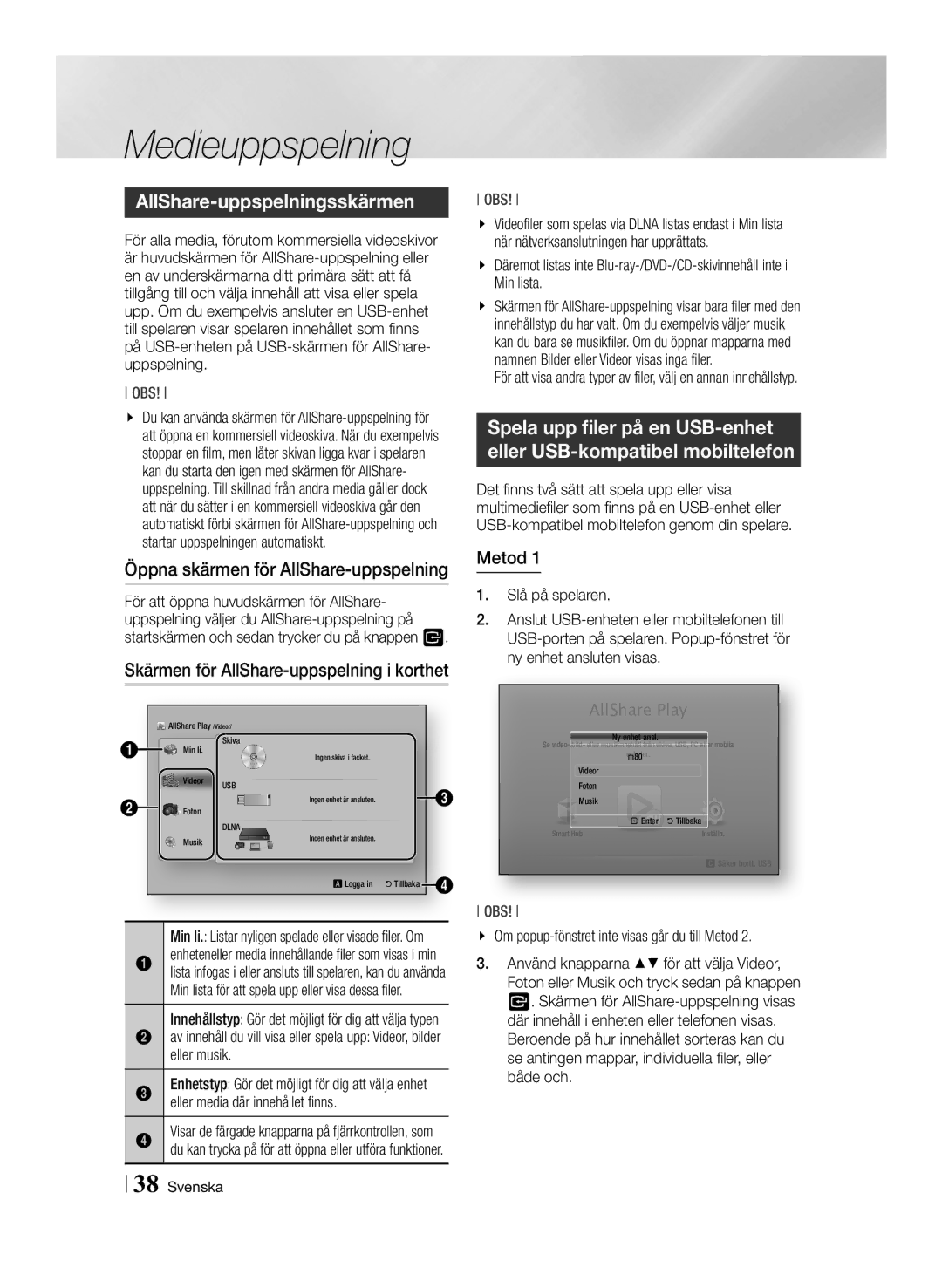 Samsung BD-ES7000/XE manual AllShare-uppspelningsskärmen, Metod 