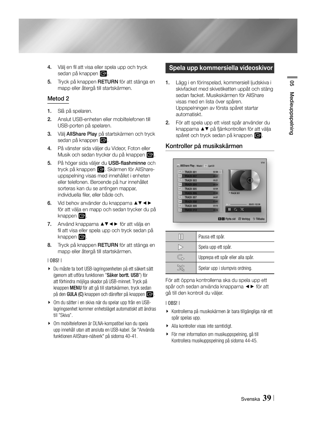 Samsung BD-ES7000/XE manual Kontroller på musikskärmen, Medieuppspelning Svenska 