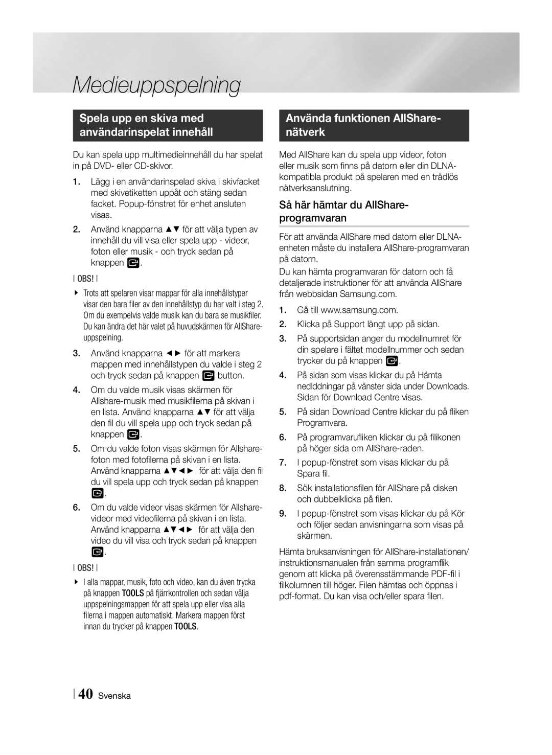 Samsung BD-ES7000/XE manual Använda funktionen AllShare- nätverk, Så här hämtar du AllShare- programvaran 