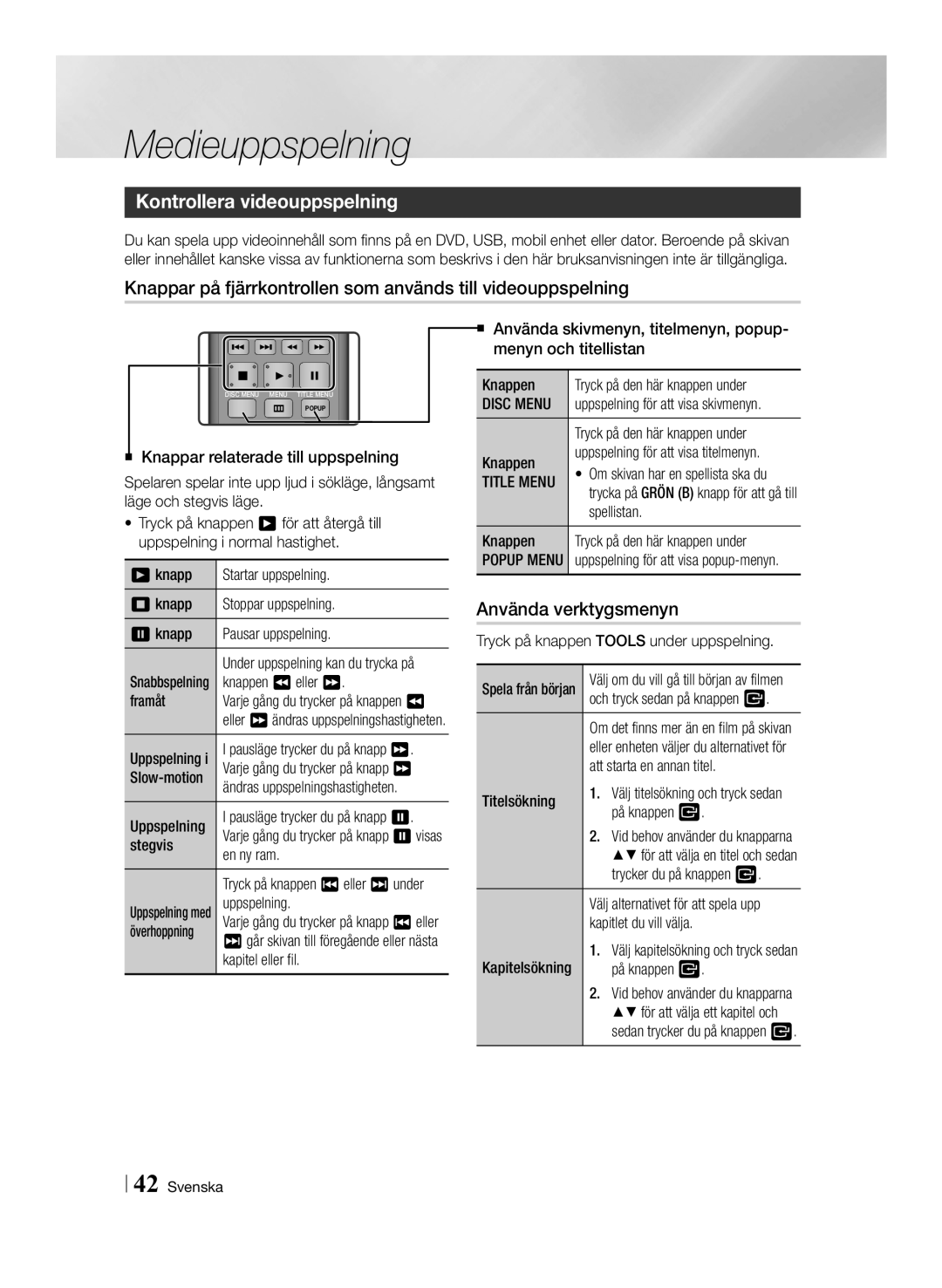 Samsung BD-ES7000/XE manual Kontrollera videouppspelning, Använda verktygsmenyn, Disc Menu, Title Menu 