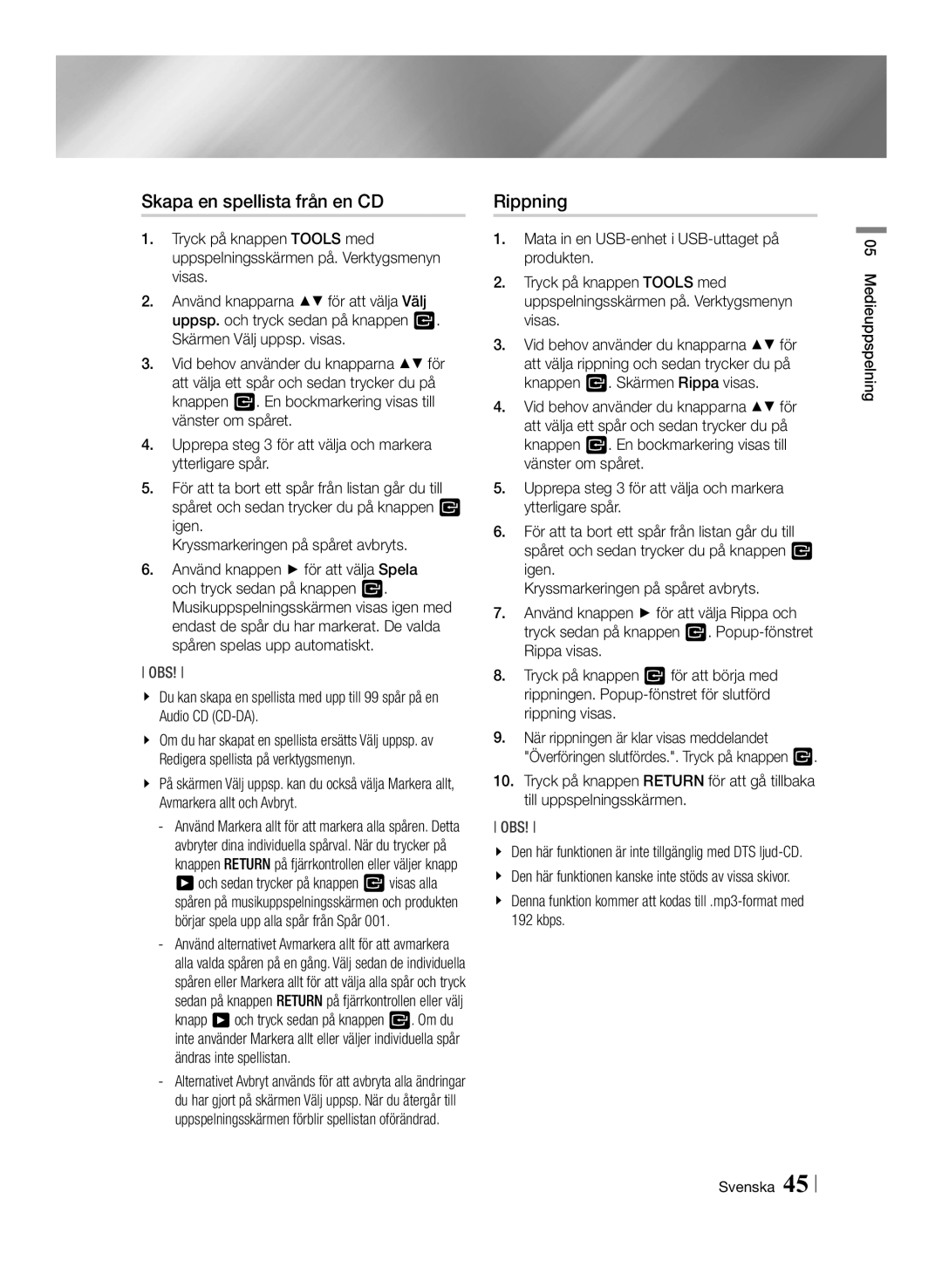 Samsung BD-ES7000/XE manual Skapa en spellista från en CD, Rippning 