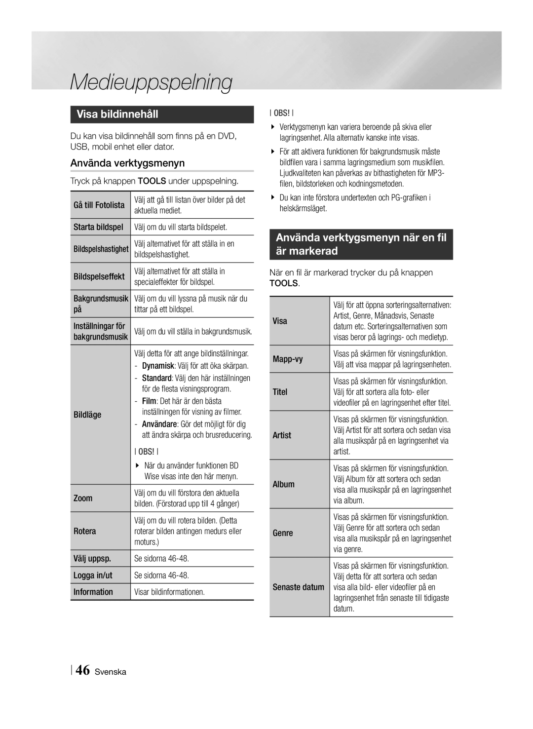 Samsung BD-ES7000/XE manual Visa bildinnehåll, Använda verktygsmenyn när en fil är markerad, Tools 