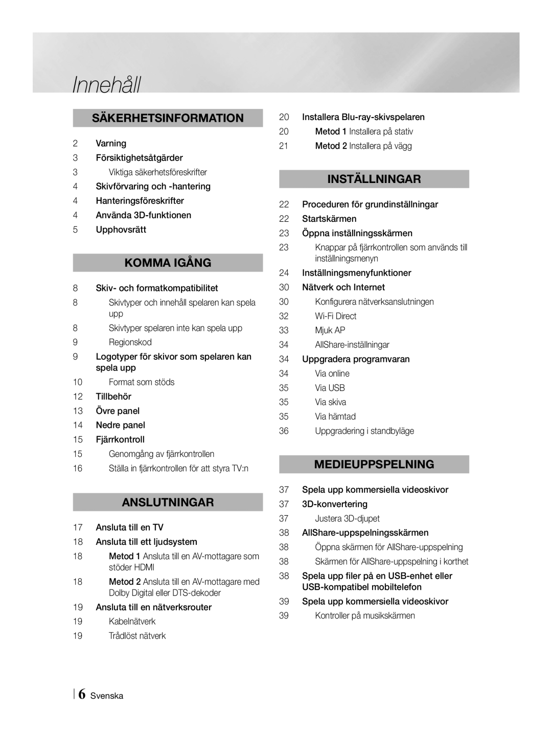 Samsung BD-ES7000/XE manual Innehåll, Säkerhetsinformation 