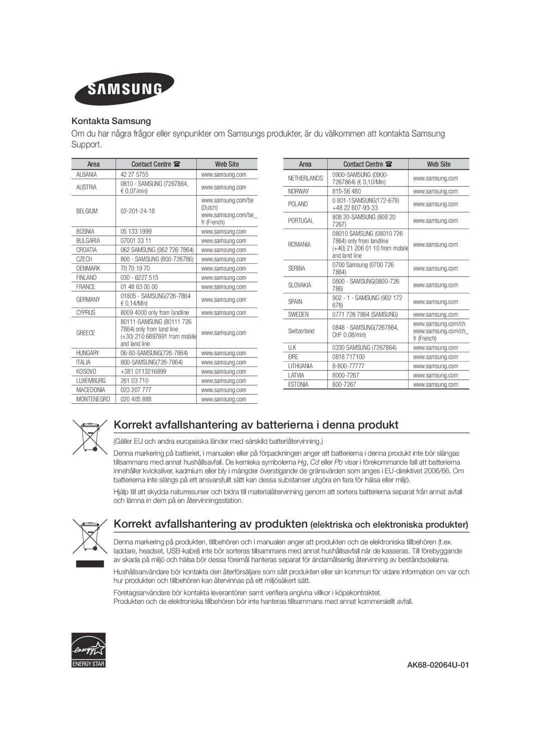 Samsung BD-ES7000/XE manual Korrekt avfallshantering av batterierna i denna produkt, Area, Web Site, AK68-02064U-01 