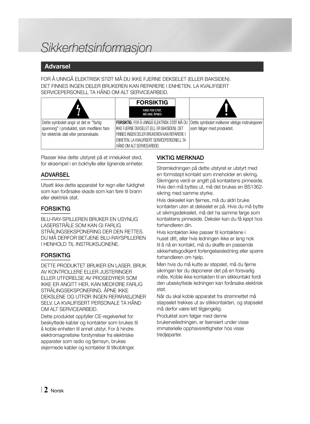 Samsung BD-ES7000/XE manual Sikkerhetsinformasjon, Som følger med produktet, Norsk, For elektrisk støt eller personskade 