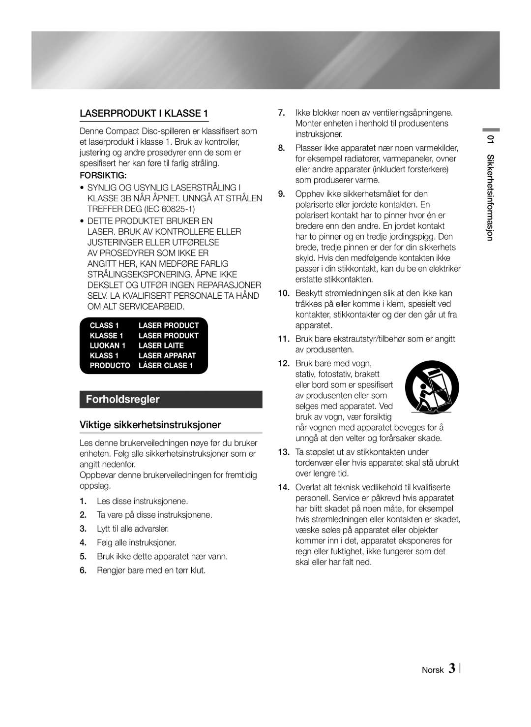 Samsung BD-ES7000/XE manual Forholdsregler, Viktige sikkerhetsinstruksjoner, Sikkerhetsinformasjon Norsk 