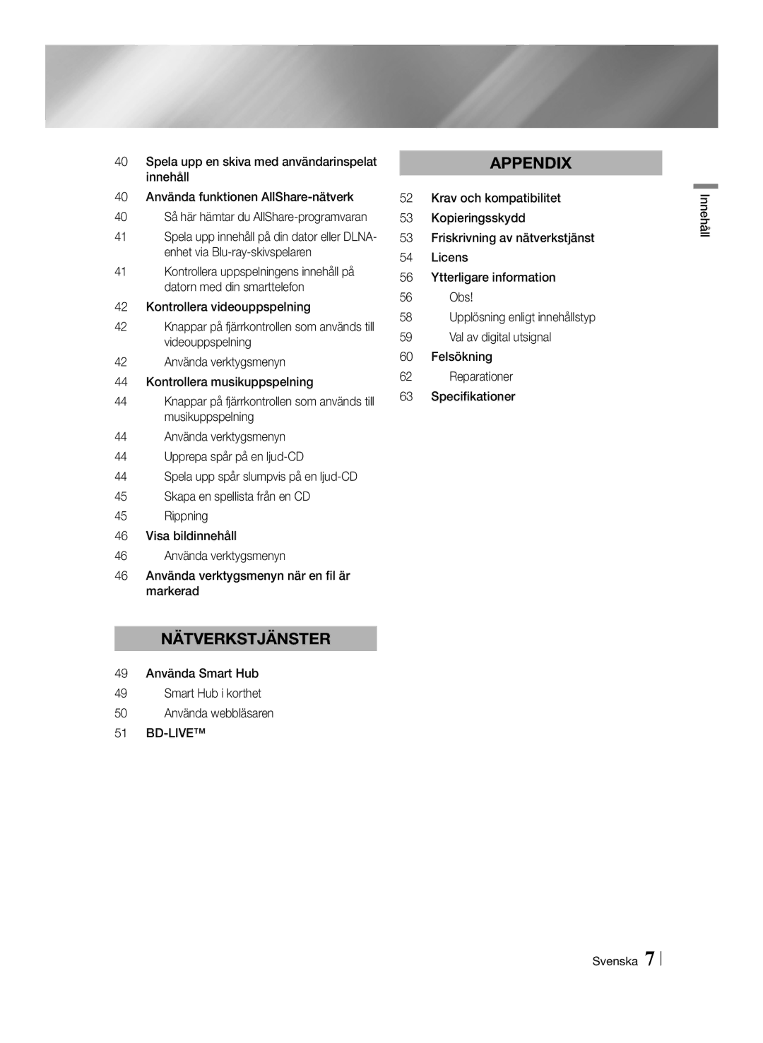 Samsung BD-ES7000/XE manual Bd-Live, Innehåll Svenska 