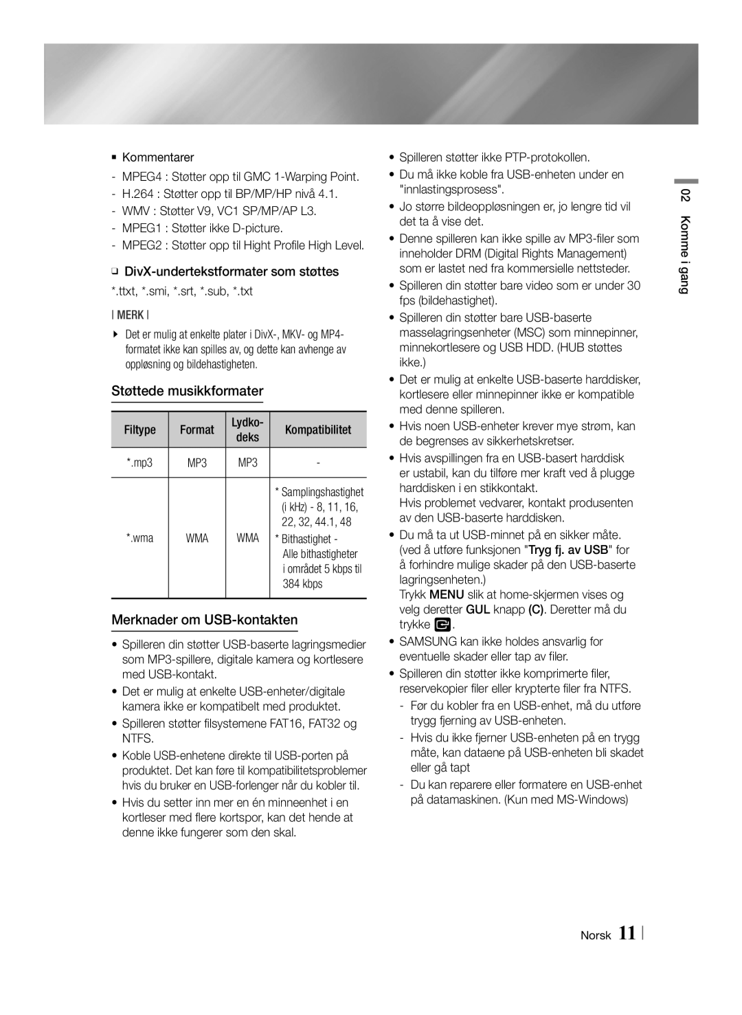 Samsung BD-ES7000/XE manual Støttede musikkformater, Merknader om USB-kontakten, Bithastighet, Deks 