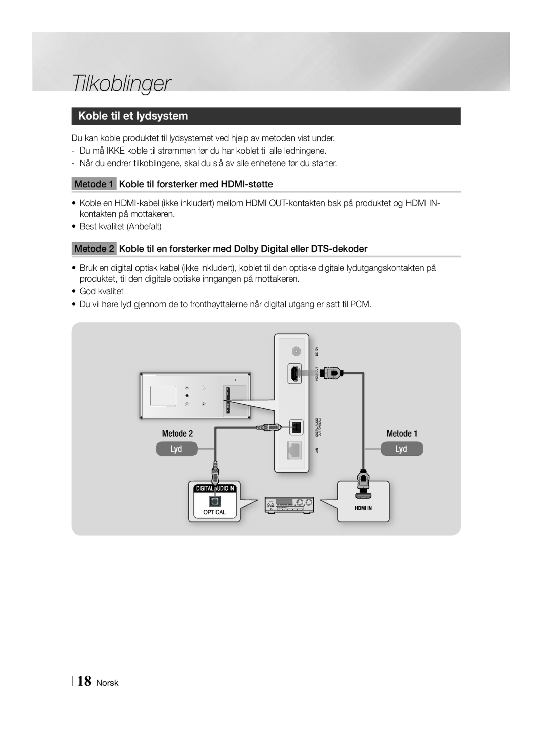 Samsung BD-ES7000/XE manual Koble til et lydsystem, Metode 