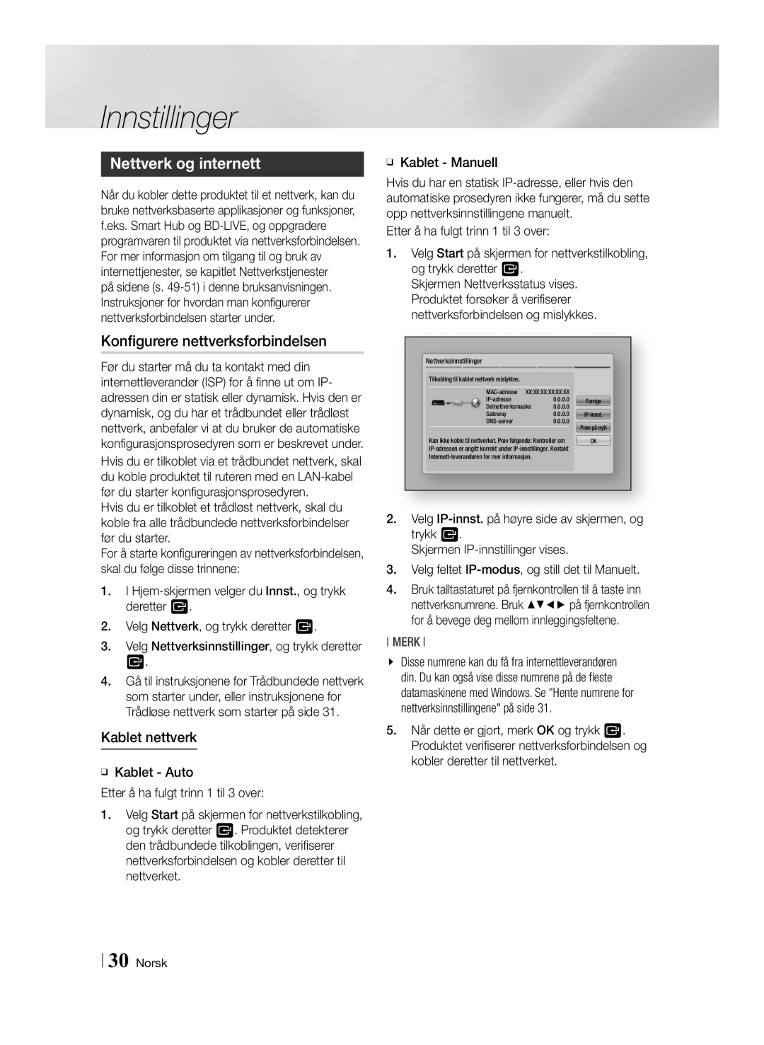 Samsung BD-ES7000/XE manual Nettverk og internett, Konfigurere nettverksforbindelsen, Kablet nettverk 