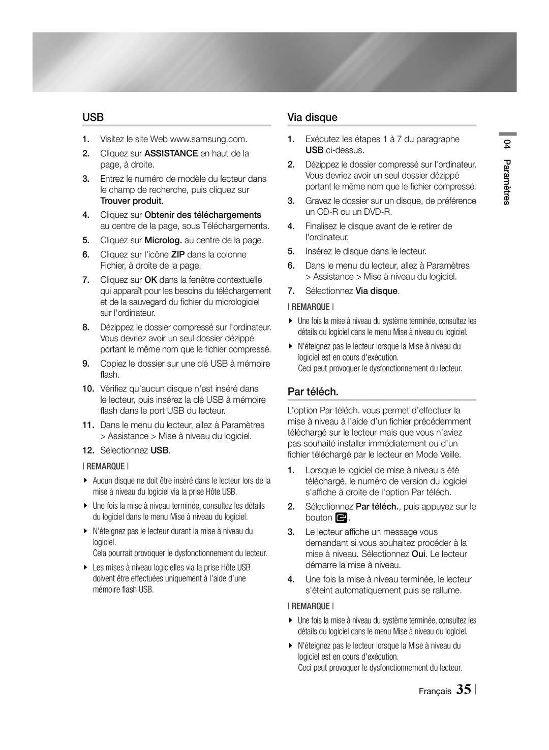 Samsung BD-ES7009/ZG manual Via disque, Par téléch 