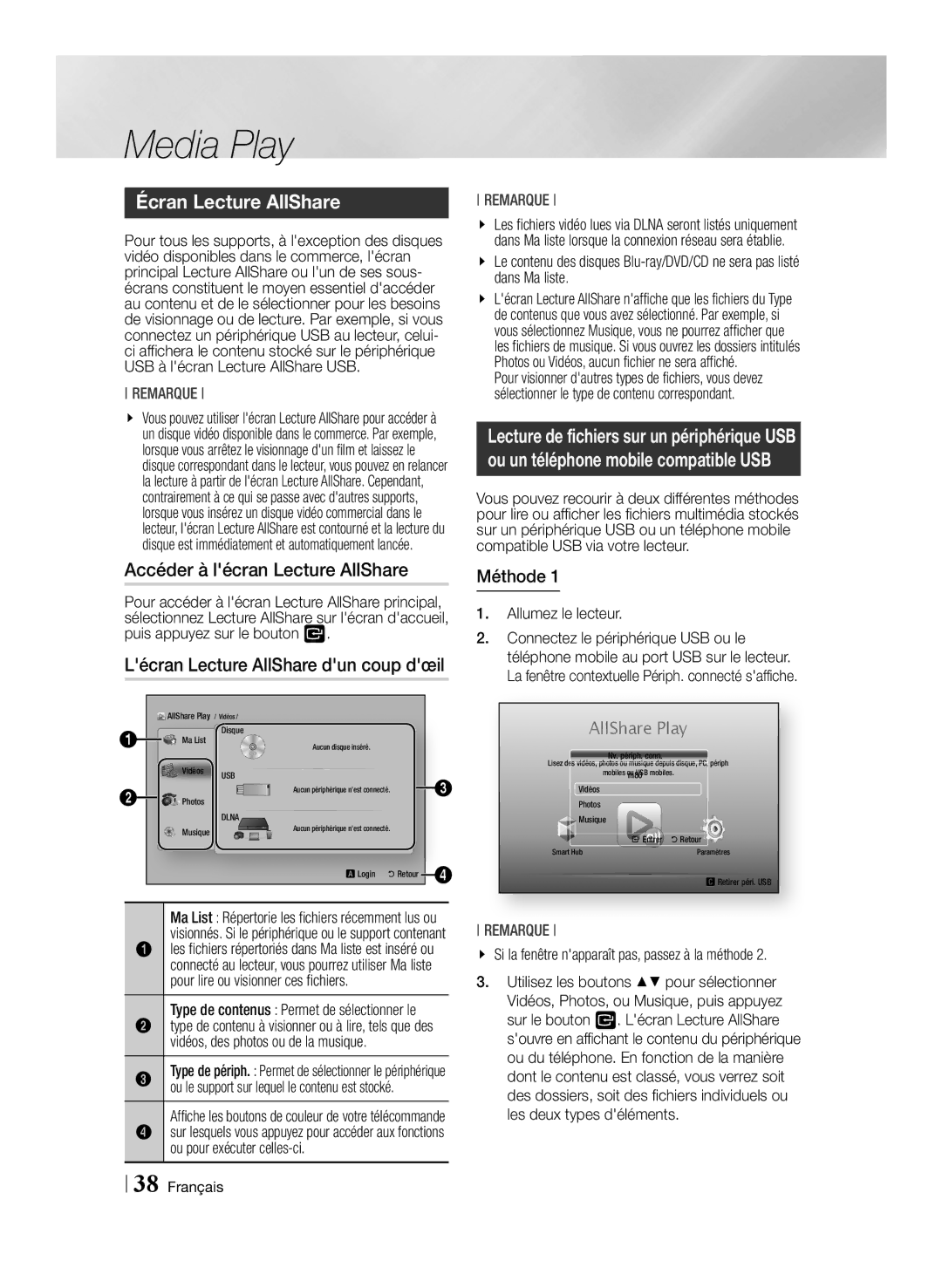 Samsung BD-ES7009/ZG Écran Lecture AllShare, Accéder à lécran Lecture AllShare, Lécran Lecture AllShare dun coup dœil 