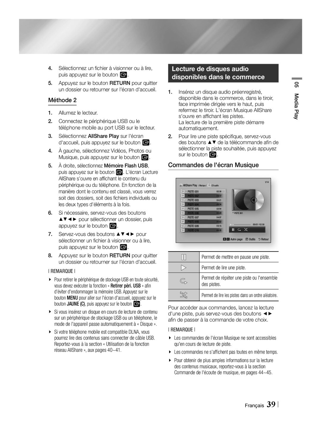 Samsung BD-ES7009/ZG manual Commandes de lécran Musique, La lecture de la première piste démarre automatiquement 