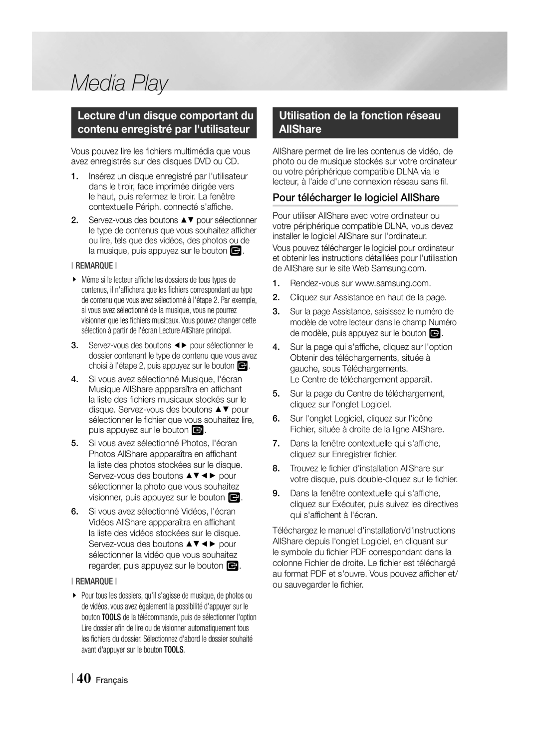 Samsung BD-ES7009/ZG manual Utilisation de la fonction réseau AllShare, Pour télécharger le logiciel AllShare 