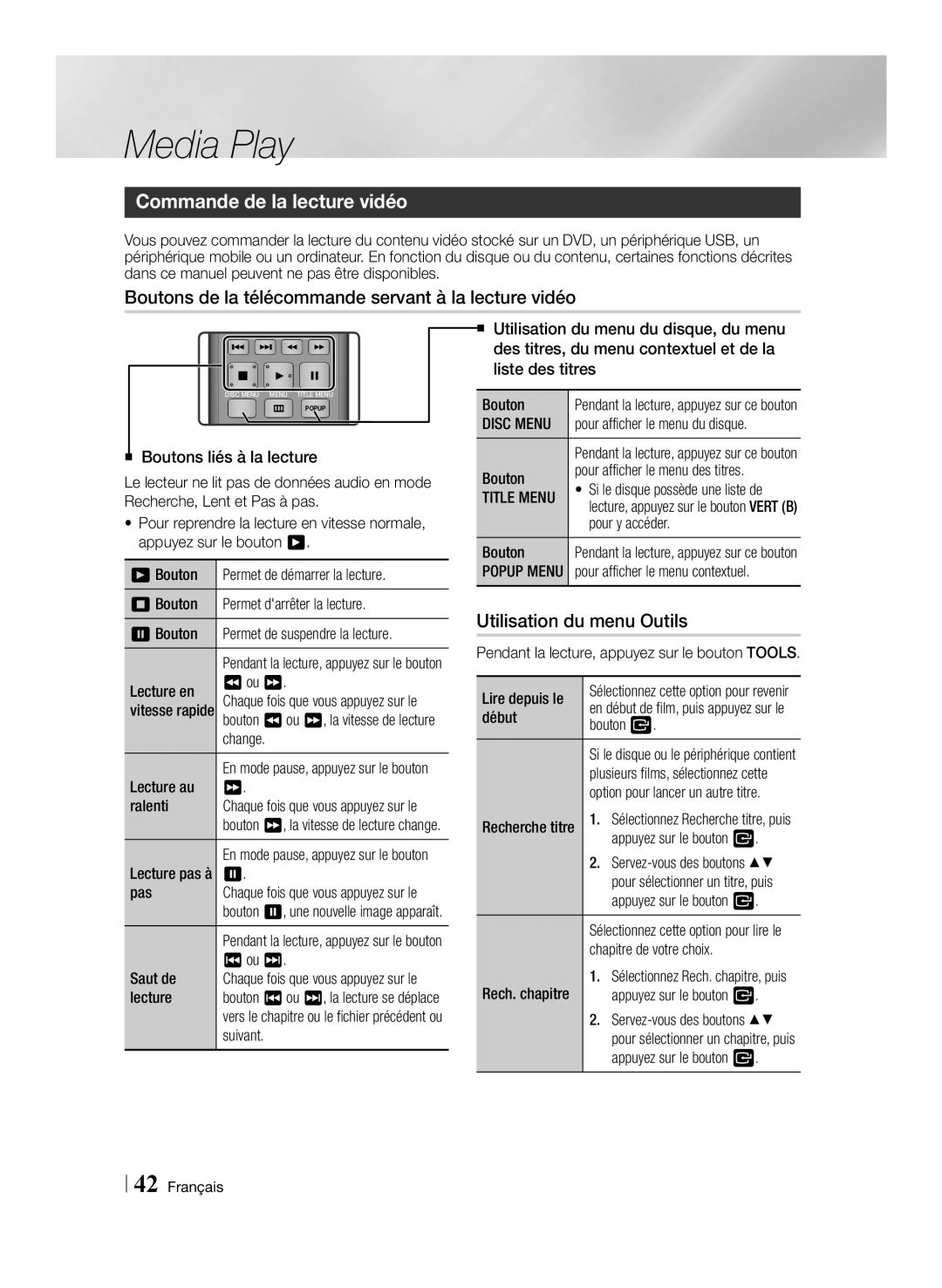 Samsung BD-ES7009/ZG manual Commande de la lecture vidéo, Boutons de la télécommande servant à la lecture vidéo 