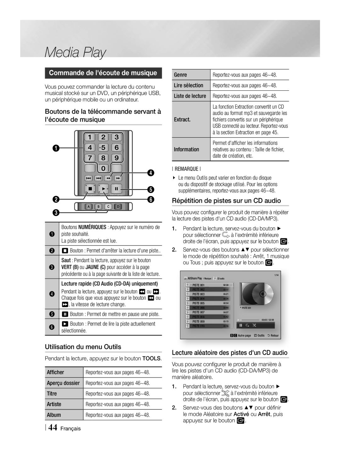 Samsung BD-ES7009/ZG manual Commande de lécoute de musique, Boutons de la télécommande servant à lécoute de musique 