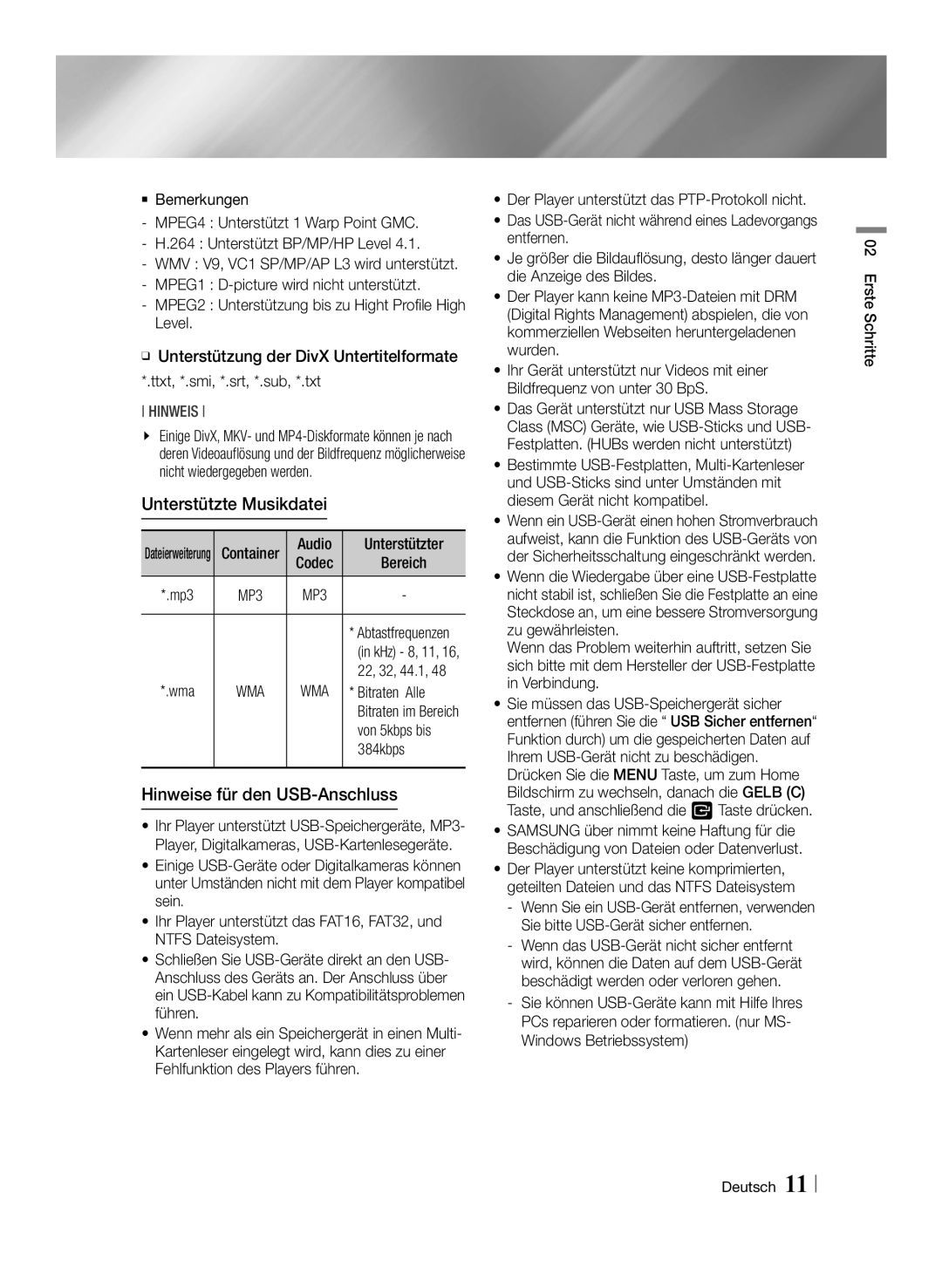 Samsung BD-ES7009/ZG manual Unterstützte Musikdatei, Hinweise für den USB-Anschluss 