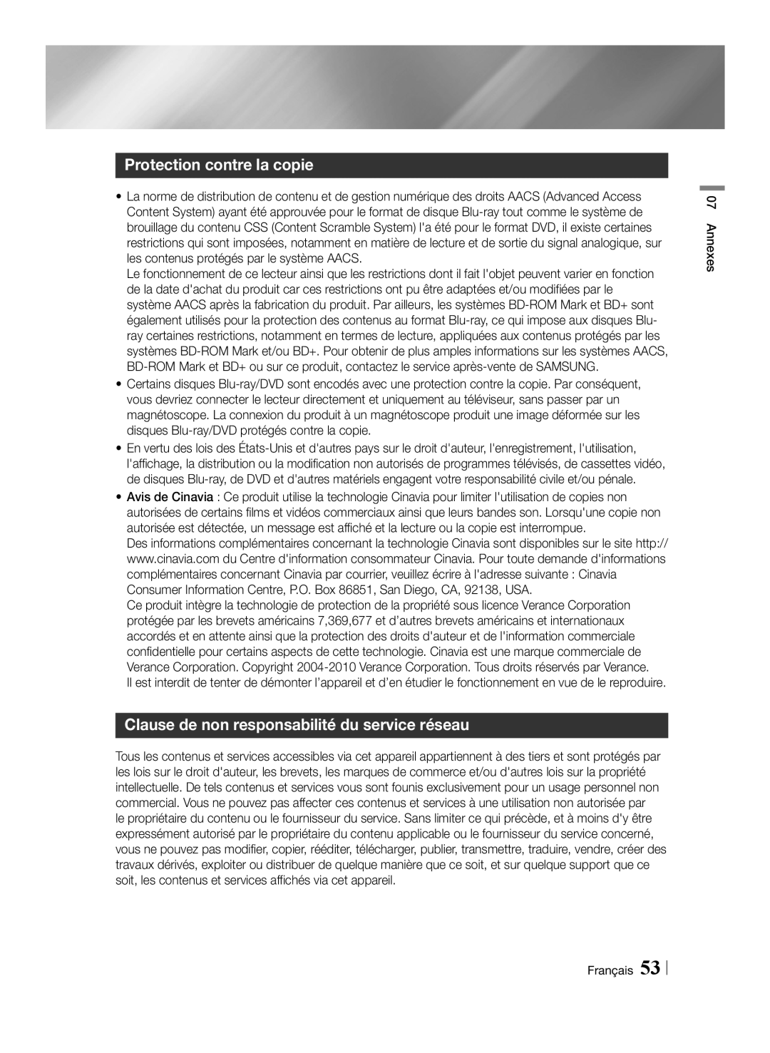 Samsung BD-ES7009/ZG manual Protection contre la copie, Clause de non responsabilité du service réseau, Annexes Français 