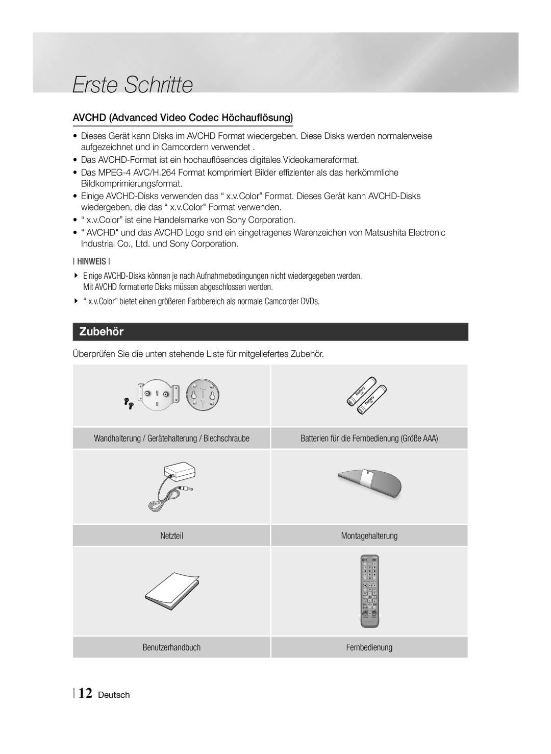 Samsung BD-ES7009/ZG Zubehör, Avchd Advanced Video Codec Höchauflösung, Wandhalterung / Gerätehalterung / Blechschraube 