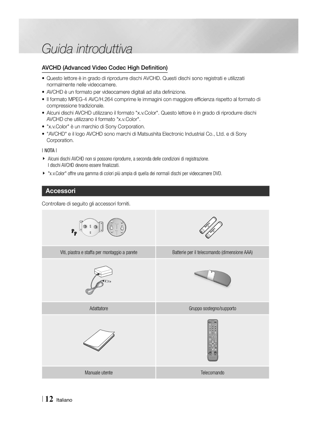 Samsung BD-ES7009/ZG manual Accessori, Avchd Advanced Video Codec High Definition 