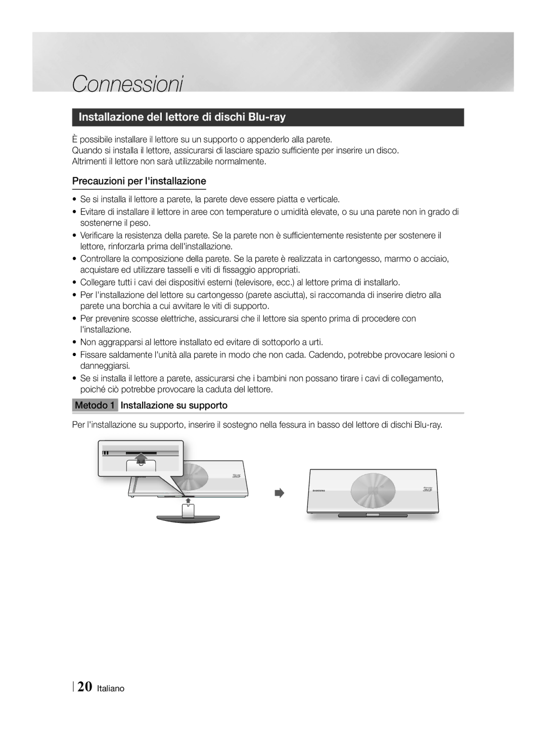 Samsung BD-ES7009/ZG manual Installazione del lettore di dischi Blu-ray, Precauzioni per linstallazione 