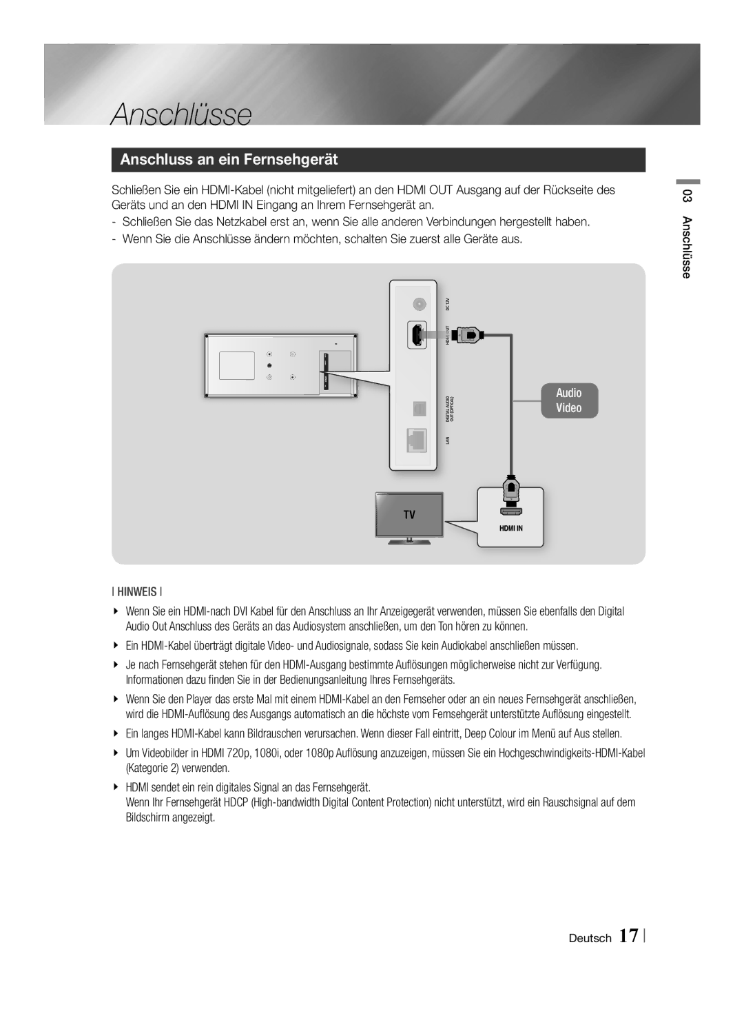 Samsung BD-ES7009/ZG manual Anschluss an ein Fernsehgerät, Anschlüsse Deutsch 