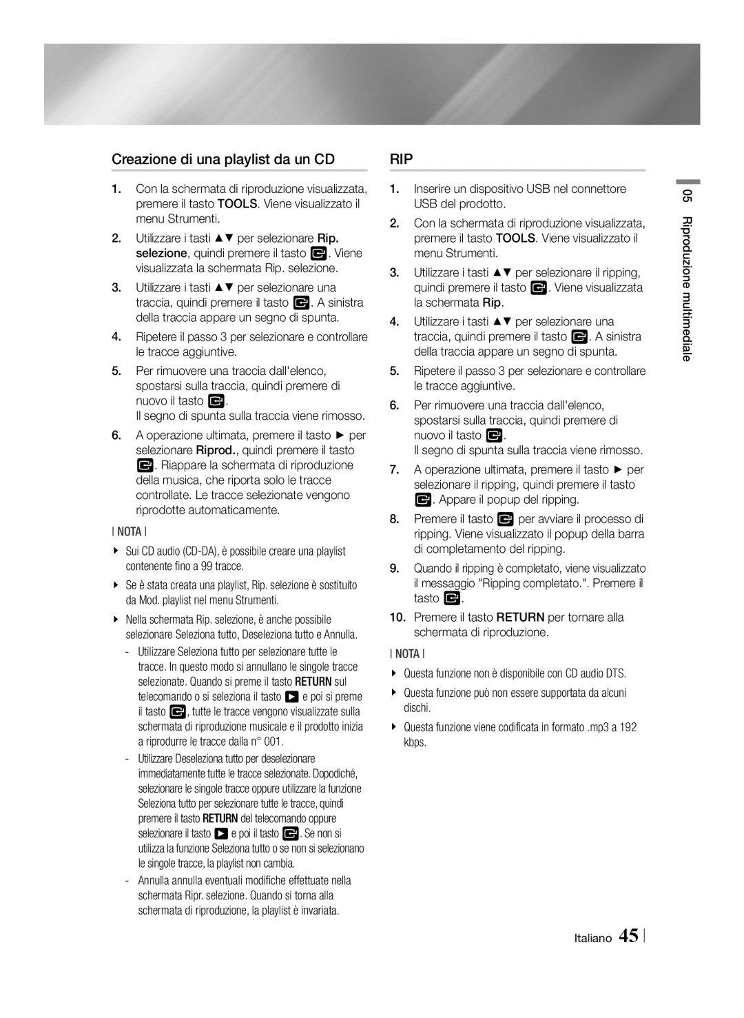 Samsung BD-ES7009/ZG manual Creazione di una playlist da un CD, Il segno di spunta sulla traccia viene rimosso 