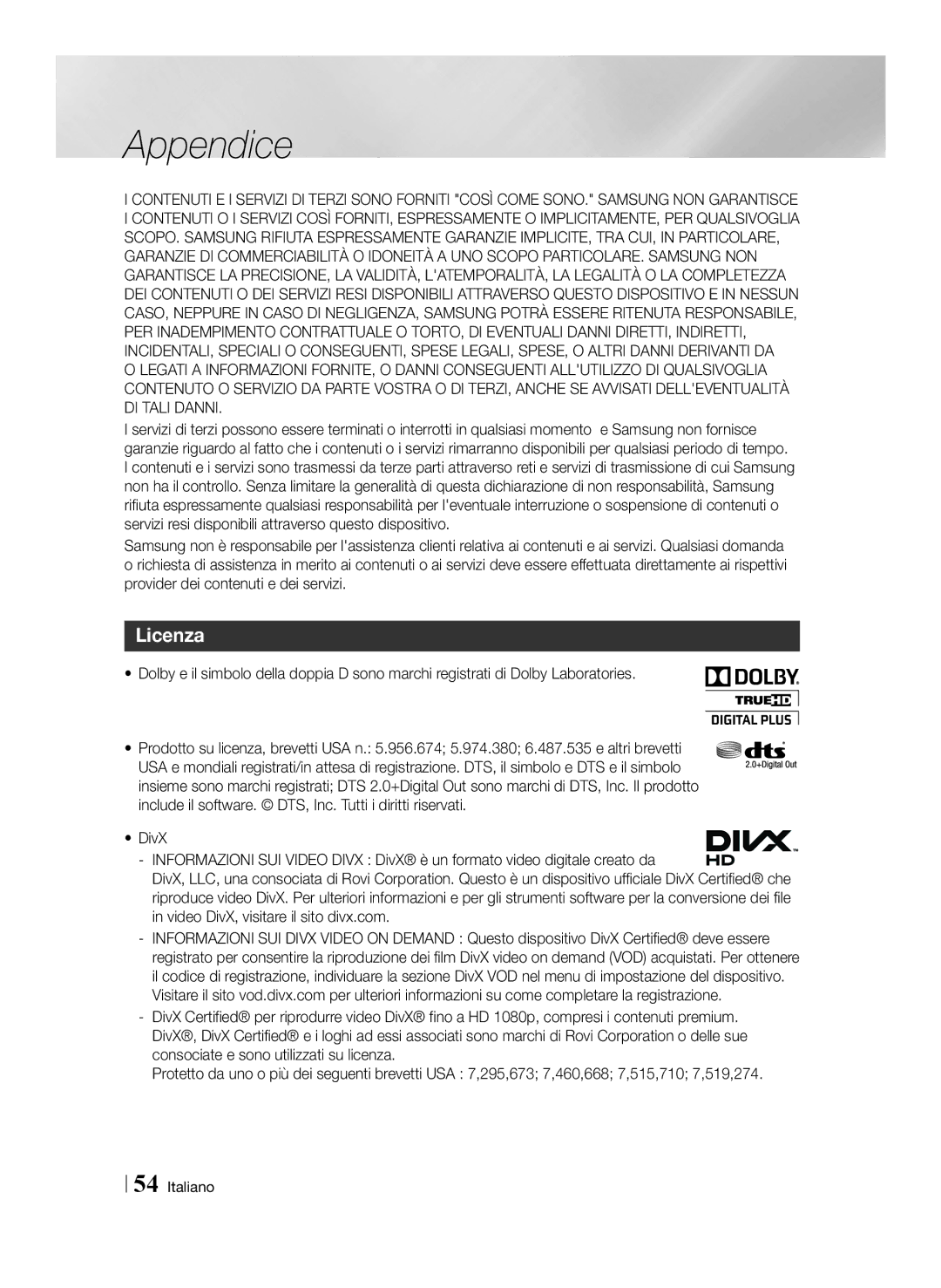 Samsung BD-ES7009/ZG manual Licenza 