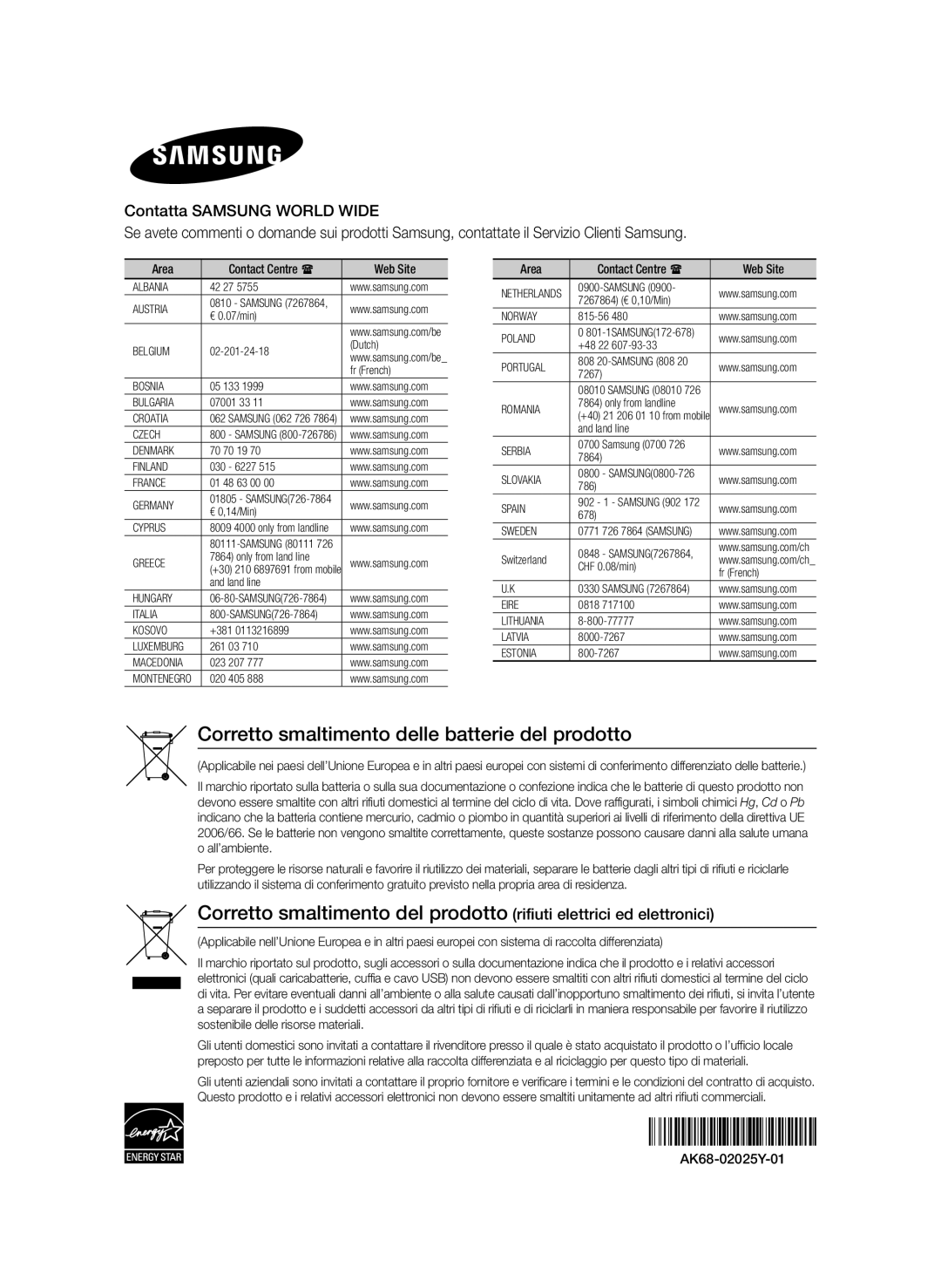 Samsung BD-ES7009/ZG manual Corretto smaltimento delle batterie del prodotto, Area 